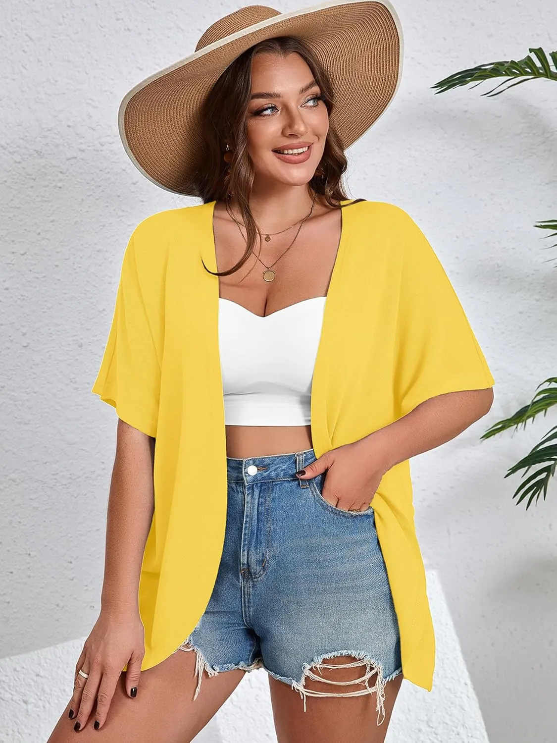 AusLook Women's Plus Size Short Sleeve Shawls and Wraps Lightweight Open Front Cardigan Cover Ups Shrugs Kimonos Jacket Coat