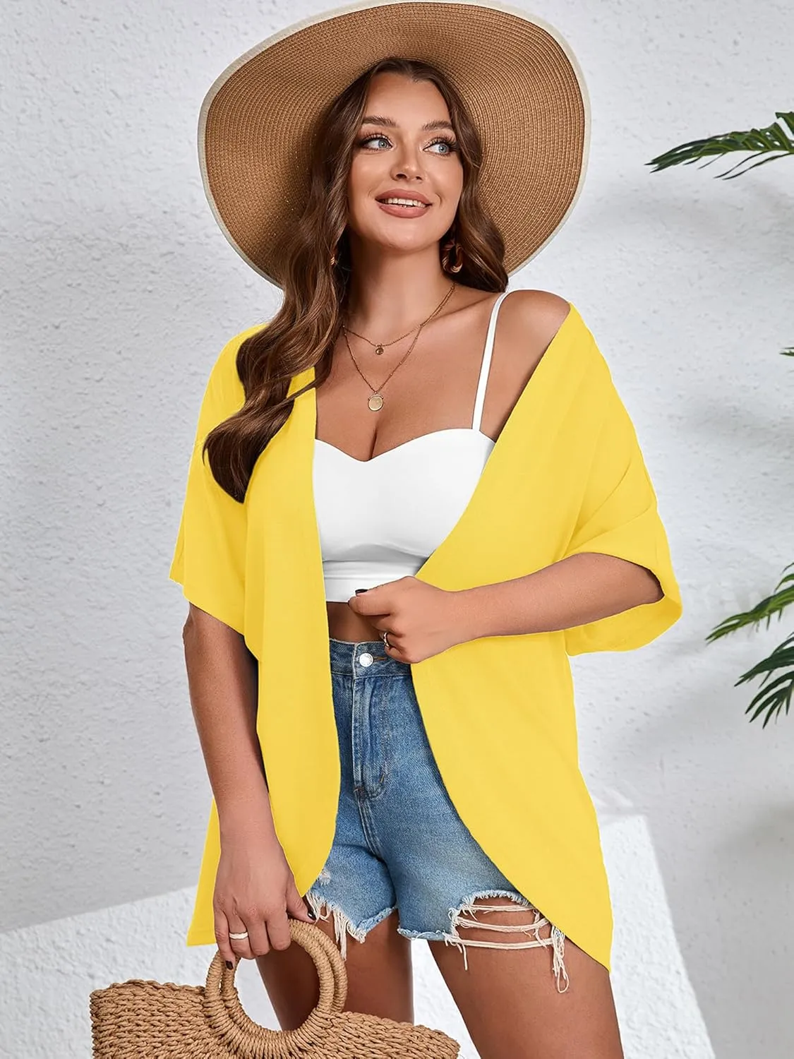 AusLook Women's Plus Size Short Sleeve Shawls and Wraps Lightweight Open Front Cardigan Cover Ups Shrugs Kimonos Jacket Coat