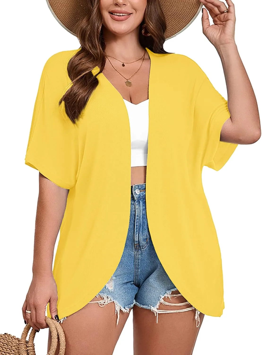 AusLook Women's Plus Size Short Sleeve Shawls and Wraps Lightweight Open Front Cardigan Cover Ups Shrugs Kimonos Jacket Coat