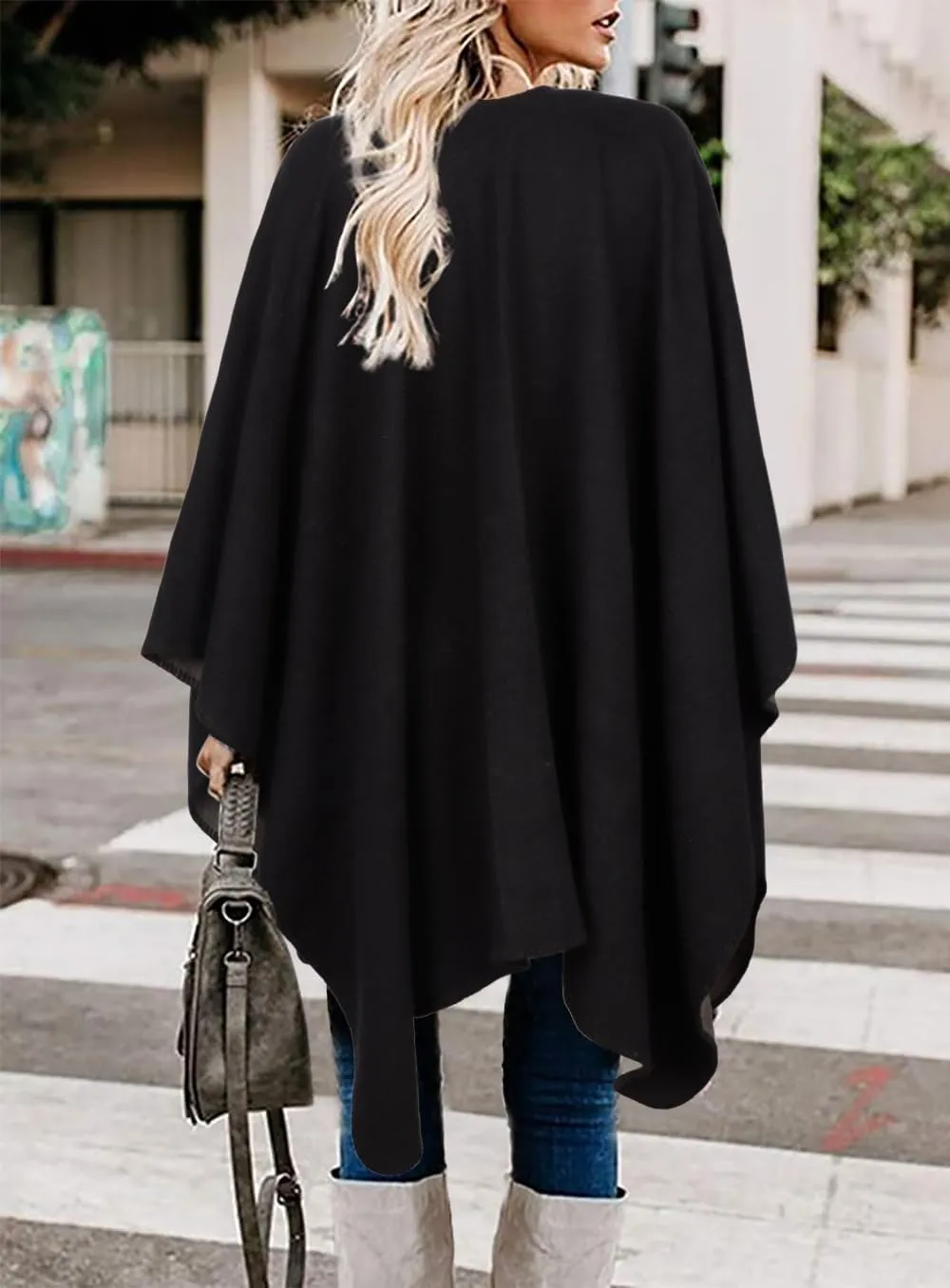 Bestshe Women's Boho Open Front Poncho Knitted Plaid Shawl Wrap Cape Tassel Cardigan Sweater