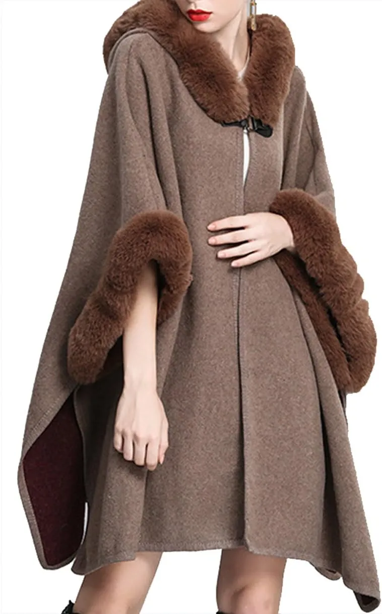 Hotmiss Women's Bridal Batwing Sleeve Plaid Faux Fur Hooded Cloak Poncho Sweater Cape Shacket Coat