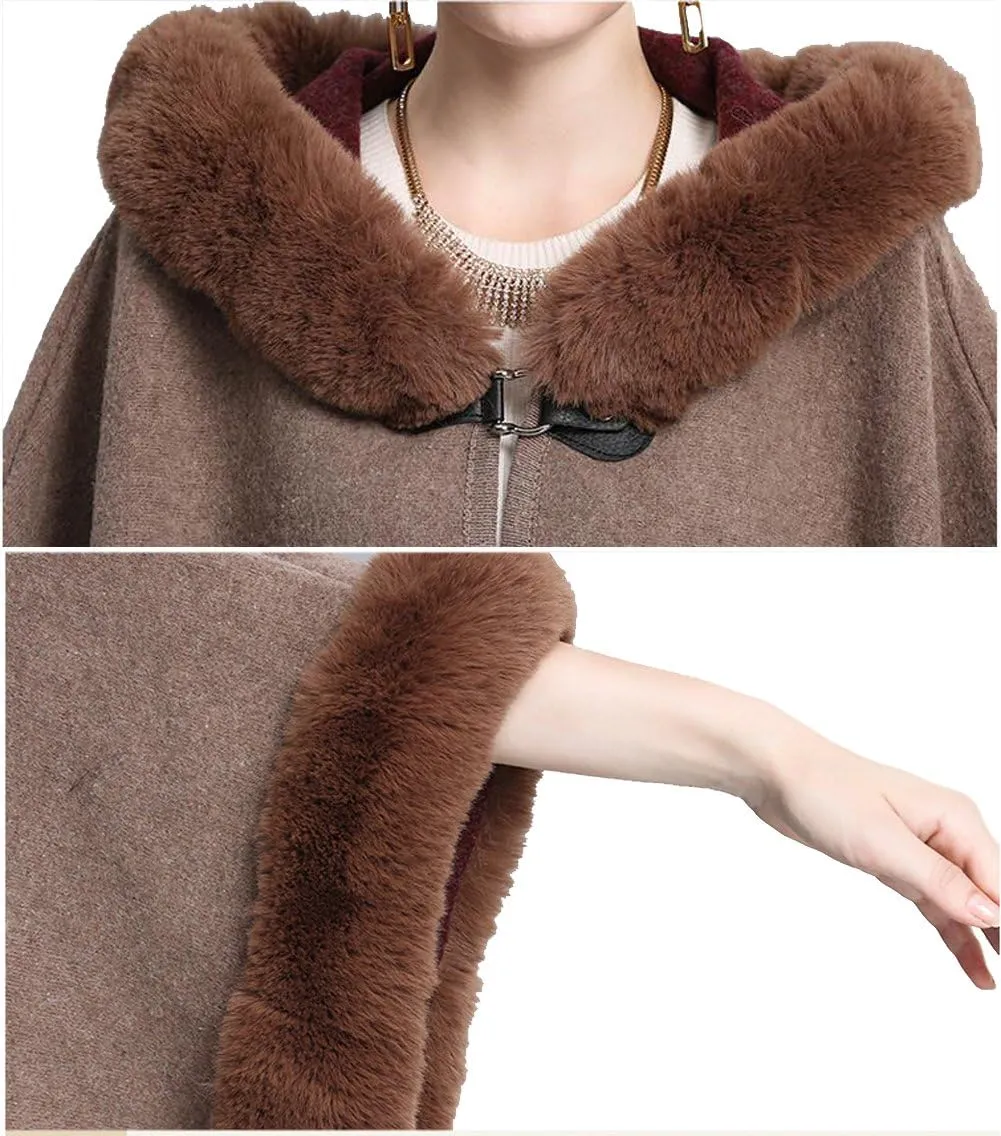 Hotmiss Women's Bridal Batwing Sleeve Plaid Faux Fur Hooded Cloak Poncho Sweater Cape Shacket Coat