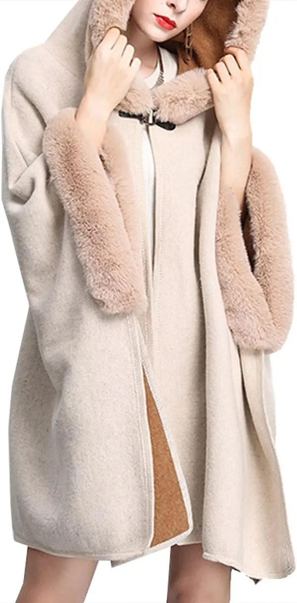 Hotmiss Women's Bridal Batwing Sleeve Plaid Faux Fur Hooded Cloak Poncho Sweater Cape Shacket Coat