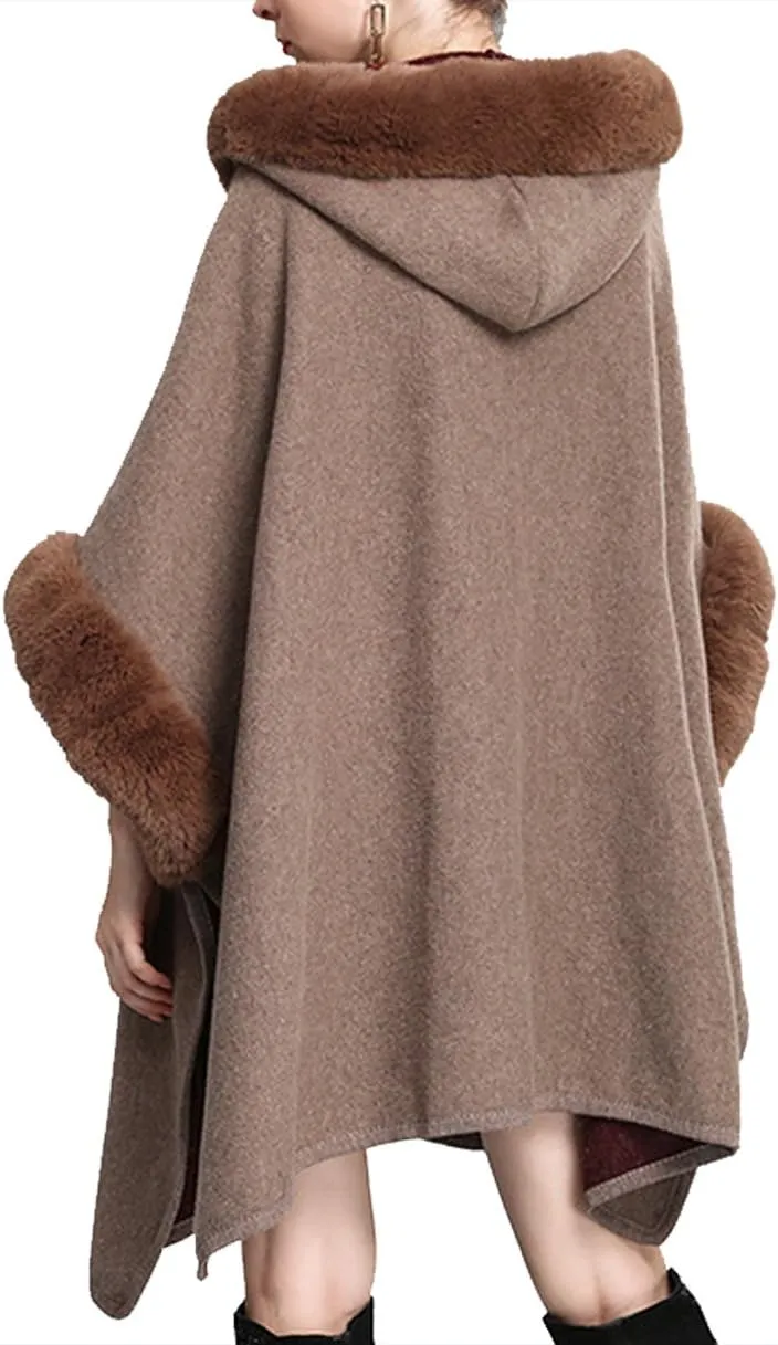 Hotmiss Women's Bridal Batwing Sleeve Plaid Faux Fur Hooded Cloak Poncho Sweater Cape Shacket Coat