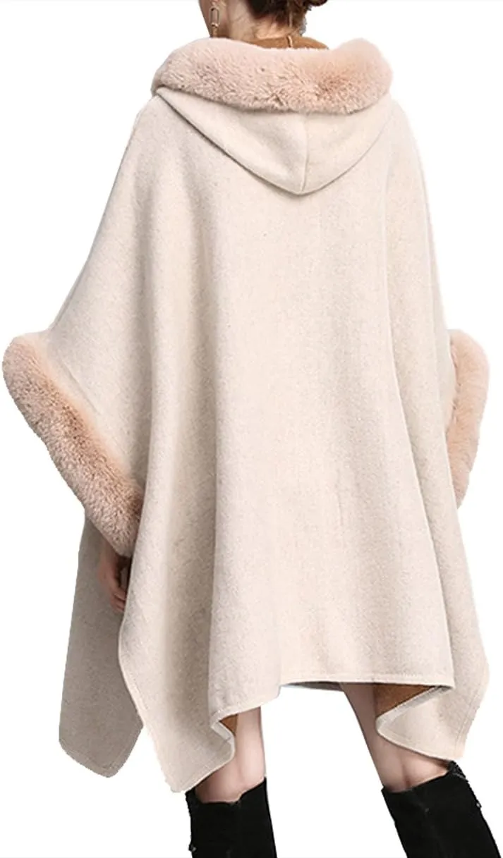 Hotmiss Women's Bridal Batwing Sleeve Plaid Faux Fur Hooded Cloak Poncho Sweater Cape Shacket Coat