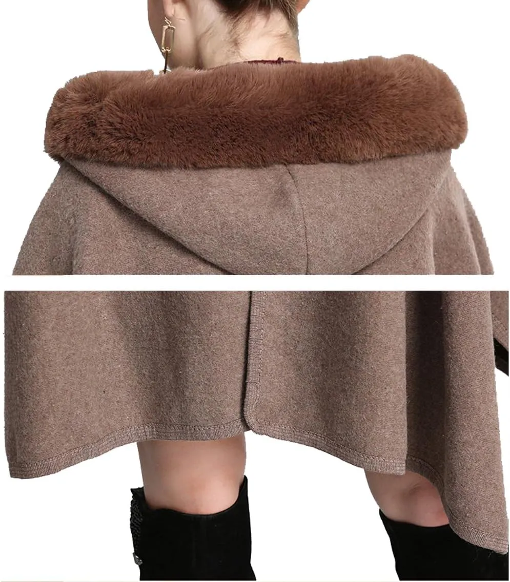 Hotmiss Women's Bridal Batwing Sleeve Plaid Faux Fur Hooded Cloak Poncho Sweater Cape Shacket Coat