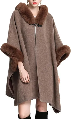 Hotmiss Women's Bridal Batwing Sleeve Plaid Faux Fur Hooded Cloak Poncho Sweater Cape Shacket Coat