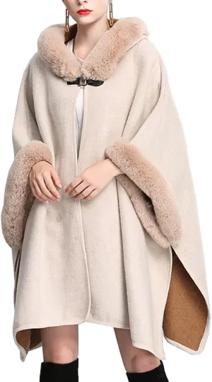 Hotmiss Women's Bridal Batwing Sleeve Plaid Faux Fur Hooded Cloak Poncho Sweater Cape Shacket Coat
