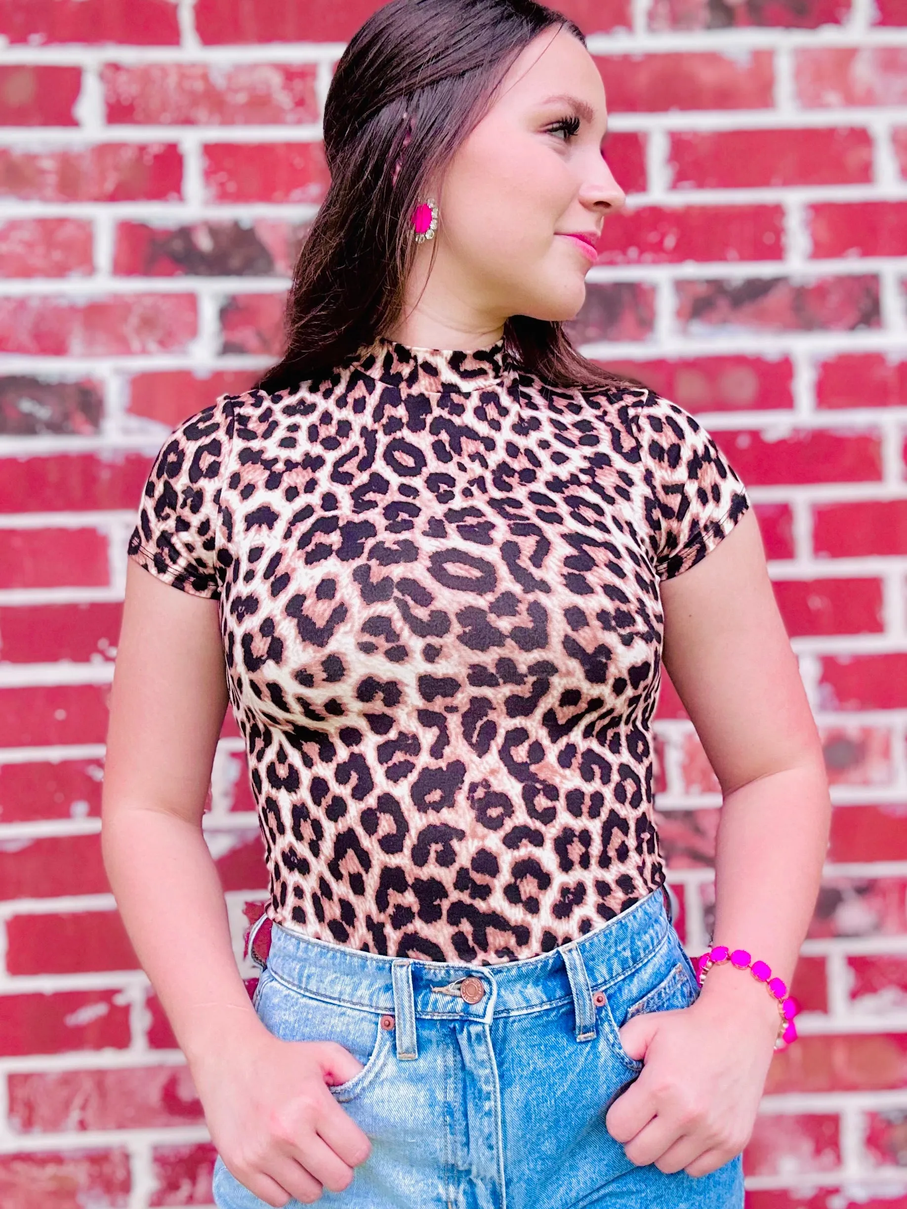 Just Casual Mock Neck Bodysuit Top- Golden Leo