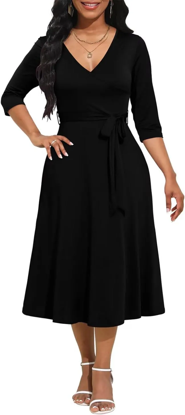 Magritta Midi Dresses for Women Casual 3/4 Sleeve Wrap Dress Plus Size Curvy Cocktail Dresses with Pockets