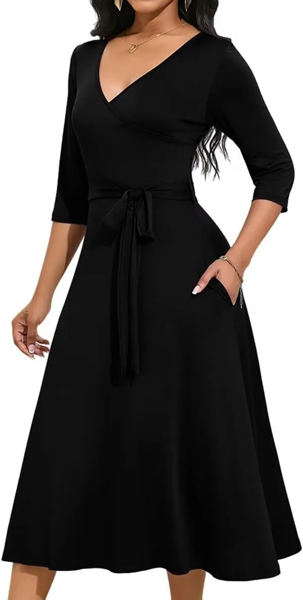 Magritta Midi Dresses for Women Casual 3/4 Sleeve Wrap Dress Plus Size Curvy Cocktail Dresses with Pockets