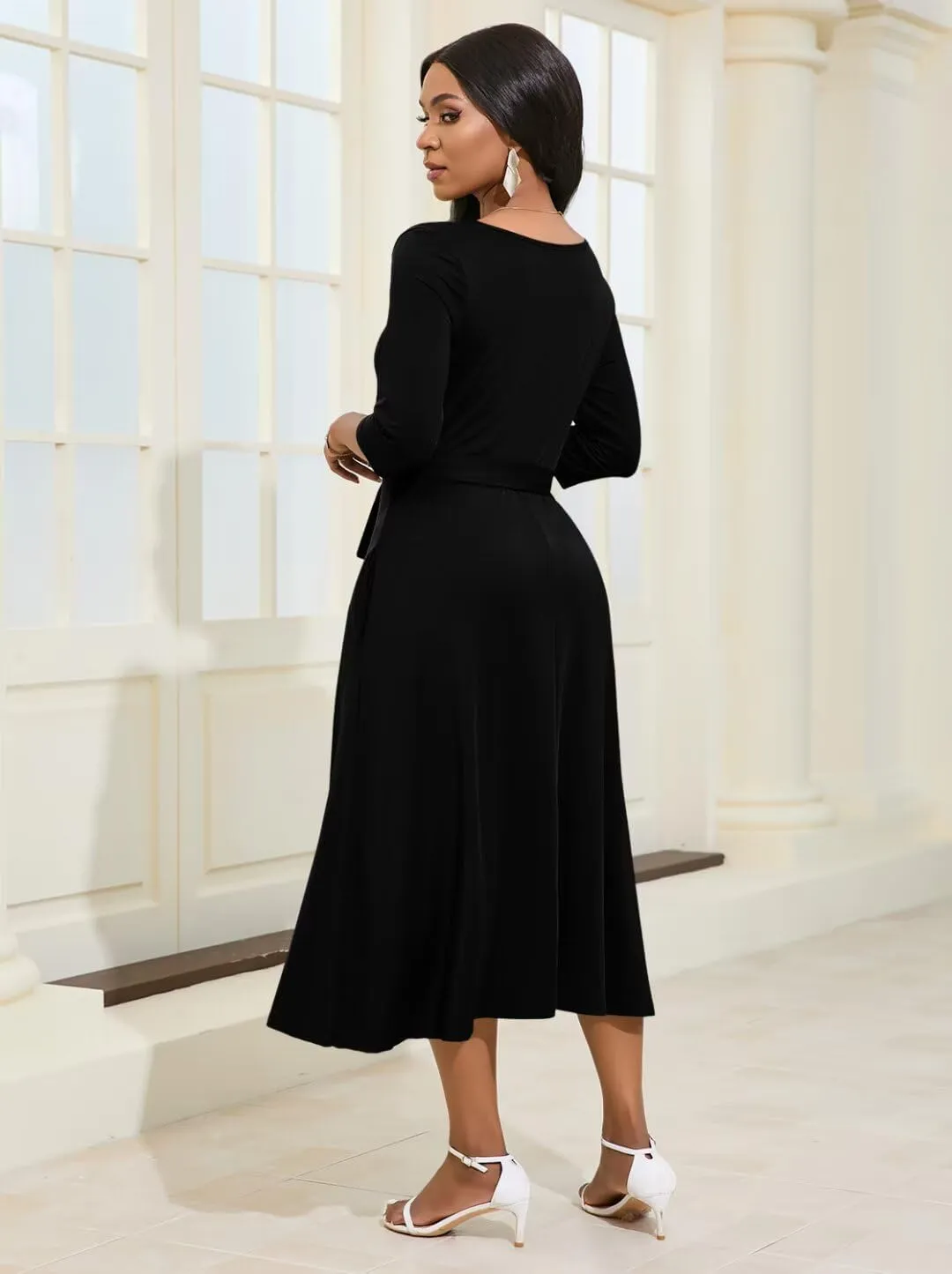 Magritta Midi Dresses for Women Casual 3/4 Sleeve Wrap Dress Plus Size Curvy Cocktail Dresses with Pockets