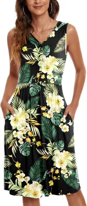 NILOUFO Womens Summer Casual Dresses Sleeveless V Neck Midi Dress with Pockets