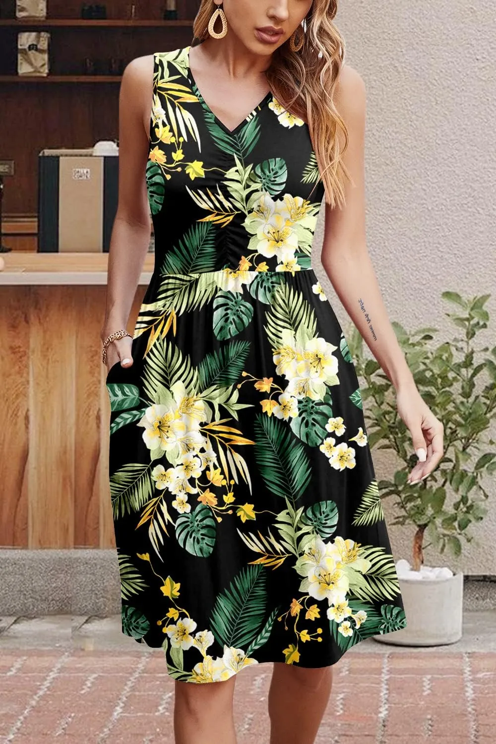 NILOUFO Womens Summer Casual Dresses Sleeveless V Neck Midi Dress with Pockets