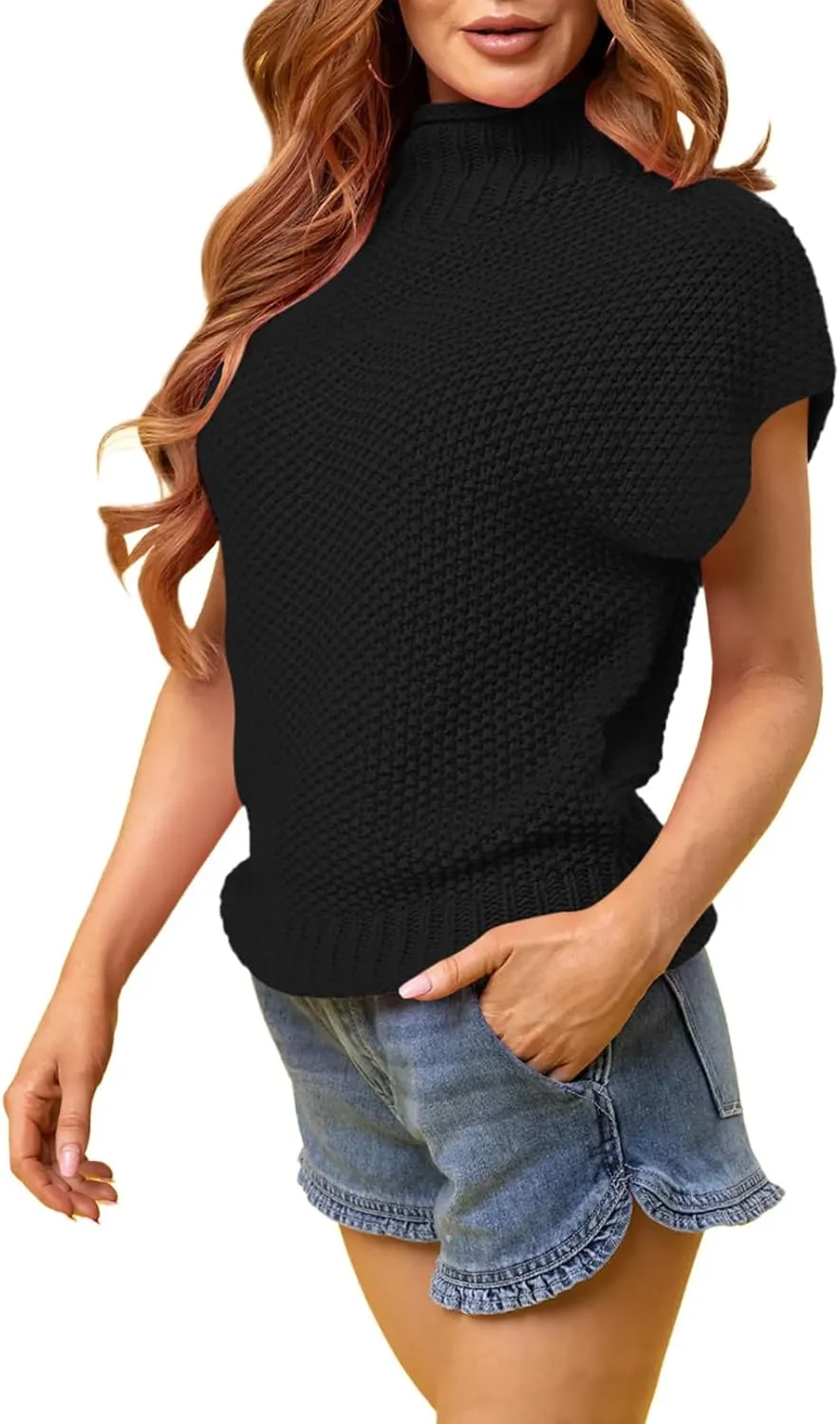 Pink Queen Women's 2025 Spring Mock Neck Sweater Vest Cap Sleeve Pullover Knit Tops