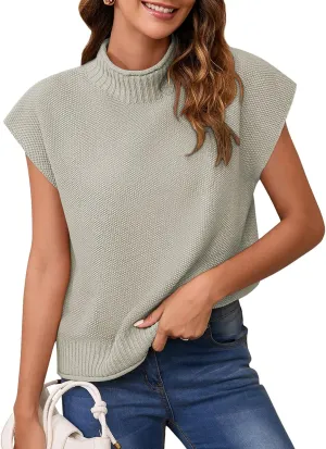 Pink Queen Women's 2025 Spring Mock Neck Sweater Vest Cap Sleeve Pullover Knit Tops