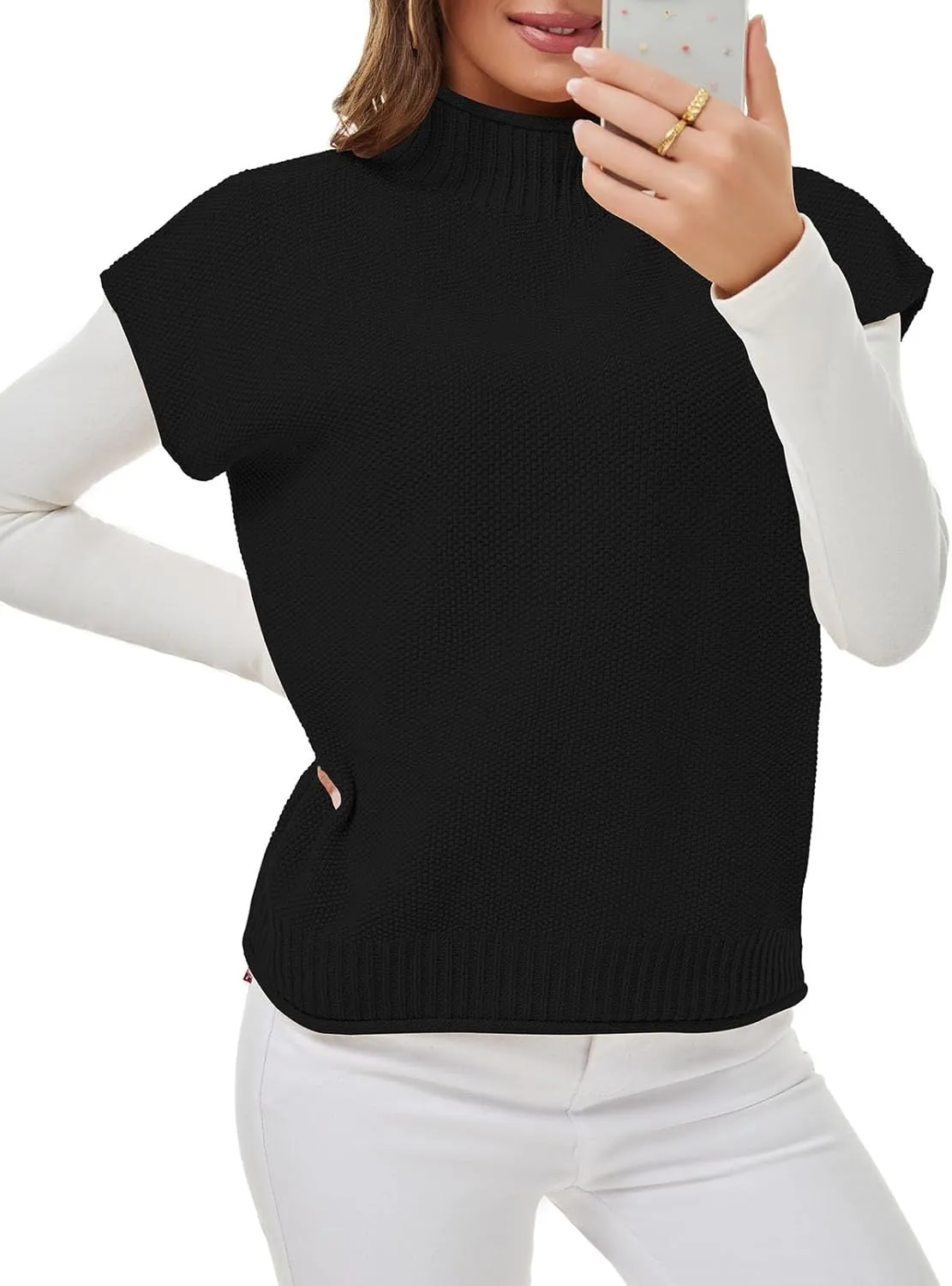 Pink Queen Women's 2025 Spring Mock Neck Sweater Vest Cap Sleeve Pullover Knit Tops