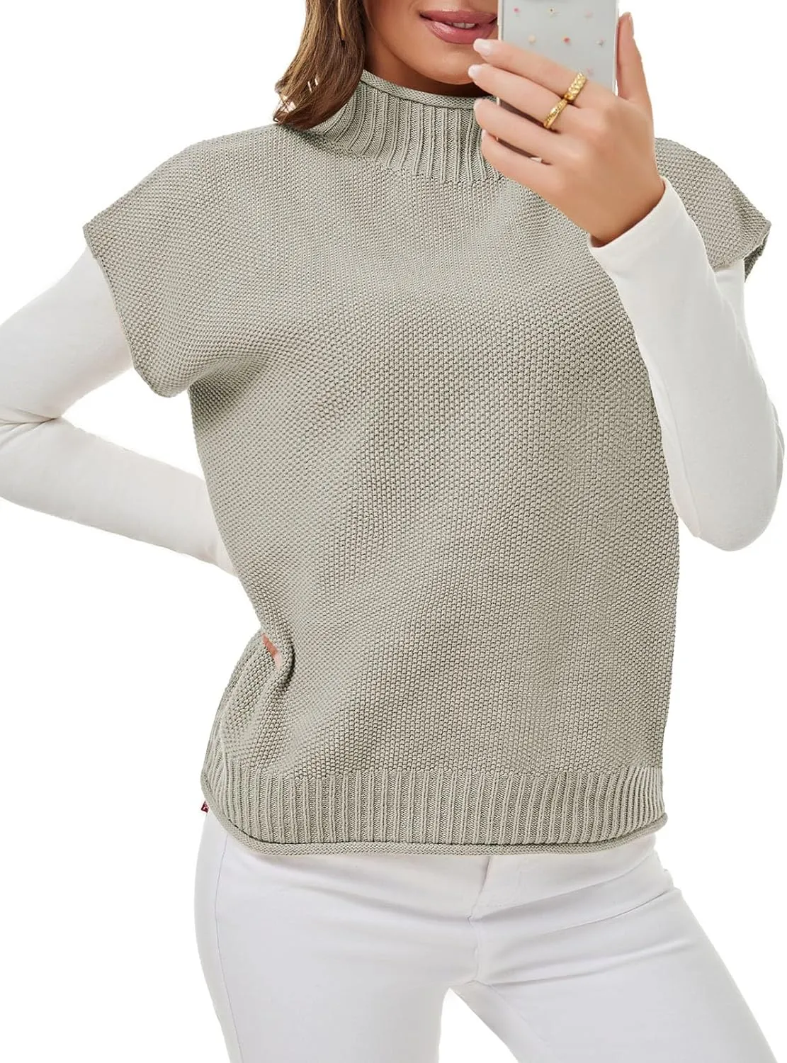 Pink Queen Women's 2025 Spring Mock Neck Sweater Vest Cap Sleeve Pullover Knit Tops