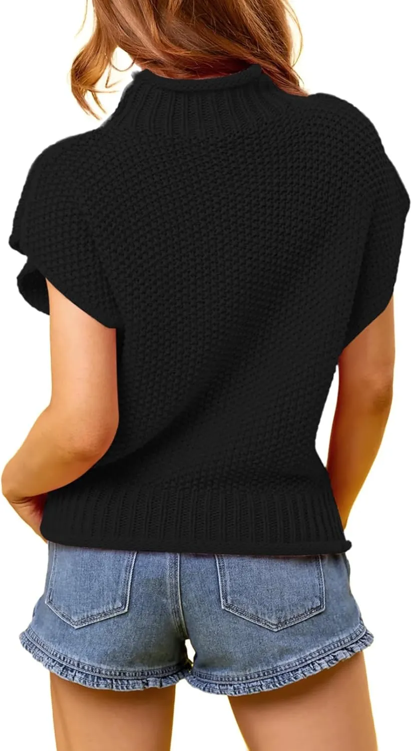 Pink Queen Women's 2025 Spring Mock Neck Sweater Vest Cap Sleeve Pullover Knit Tops