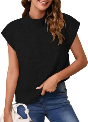 Pink Queen Women's 2025 Spring Mock Neck Sweater Vest Cap Sleeve Pullover Knit Tops