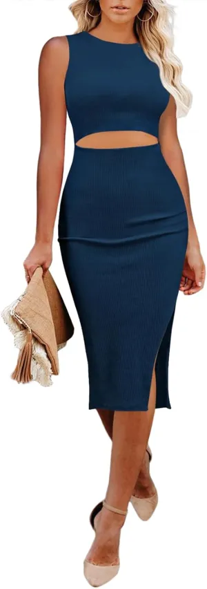 Pink Queen Women's Crew Neck Sleeveless Cutout Side Slit Knee Length Bodycon Midi Dress