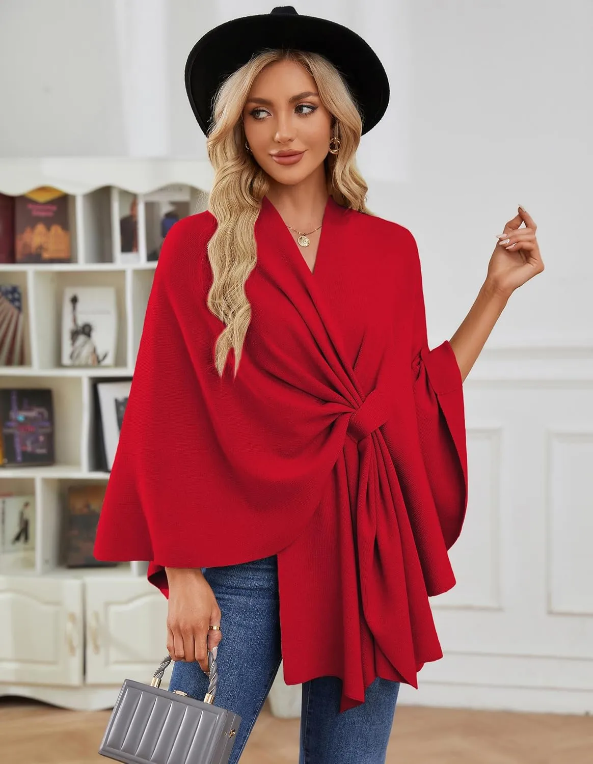 PULI Women's Elegant Shawl Wraps Soft Open Front Poncho Sweater for Spring Fall Winter
