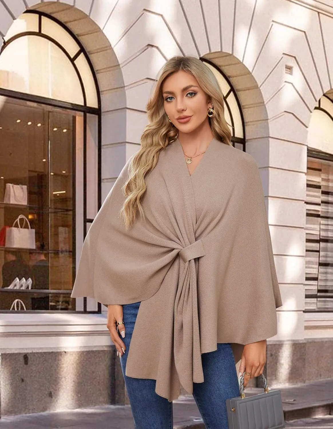 PULI Women's Elegant Shawl Wraps Soft Open Front Poncho Sweater for Spring Fall Winter