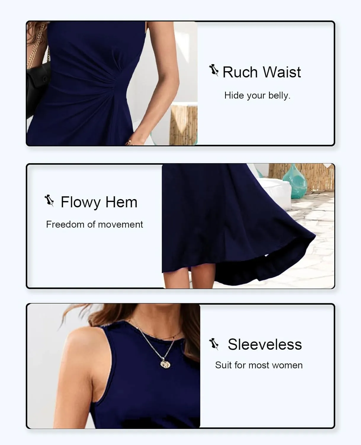 UONBOX Women's Sleeveless Dress Ruched Waist Asymmetrical High-Low A Line Flowy Bodycon Midi Party Cocktail Dress