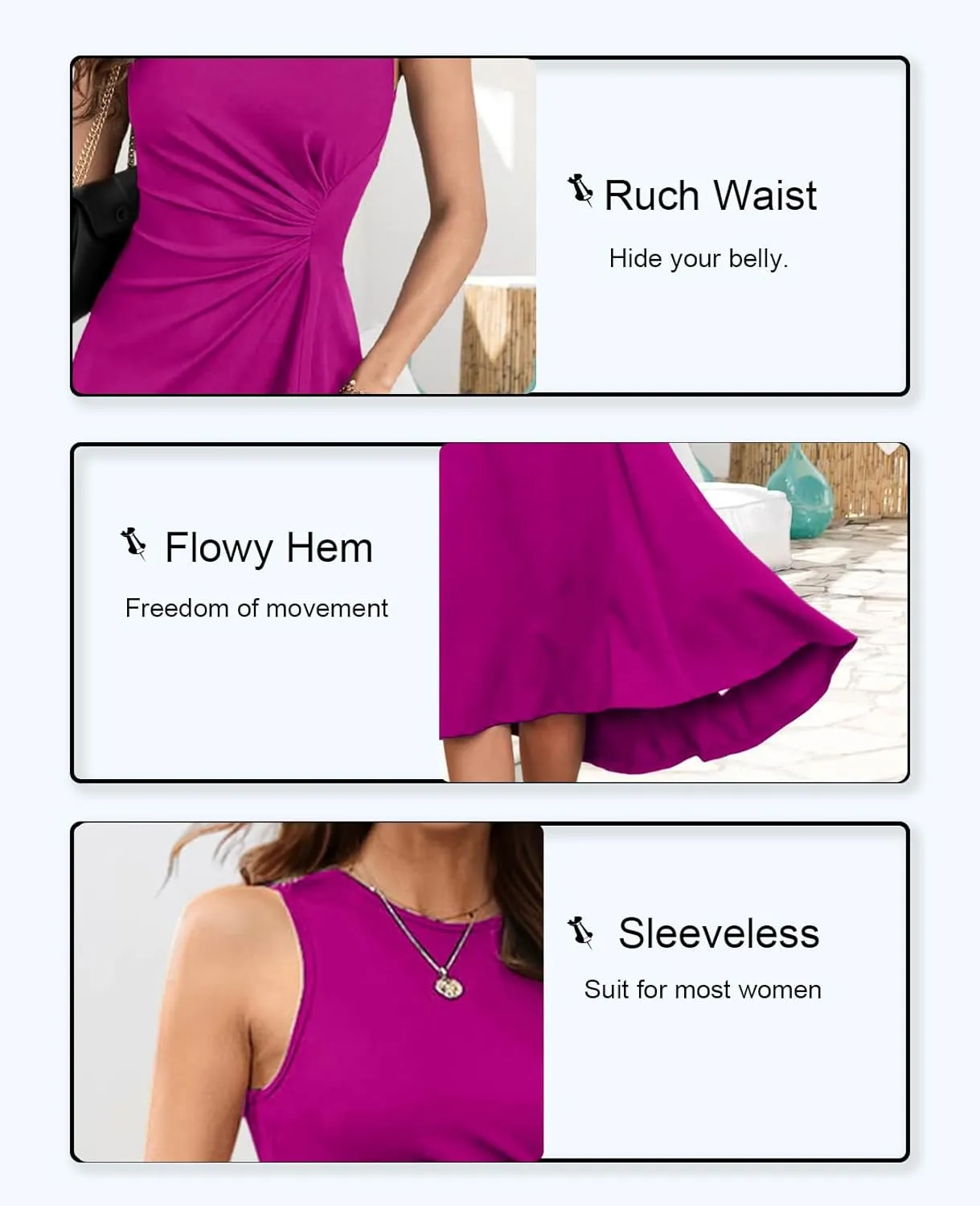 UONBOX Women's Sleeveless Dress Ruched Waist Asymmetrical High-Low A Line Flowy Bodycon Midi Party Cocktail Dress