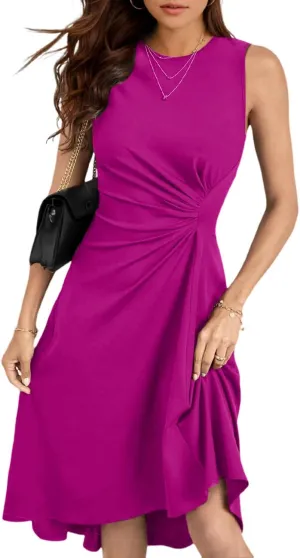 UONBOX Women's Sleeveless Dress Ruched Waist Asymmetrical High-Low A Line Flowy Bodycon Midi Party Cocktail Dress