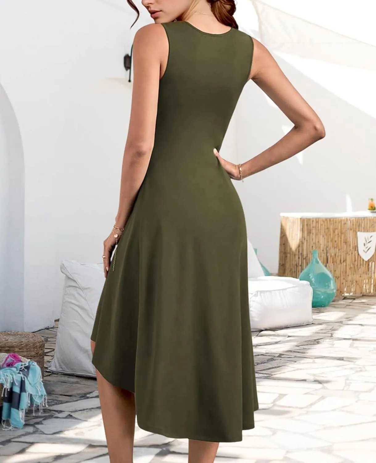 UONBOX Women's Sleeveless Dress Ruched Waist Asymmetrical High-Low A Line Flowy Bodycon Midi Party Cocktail Dress