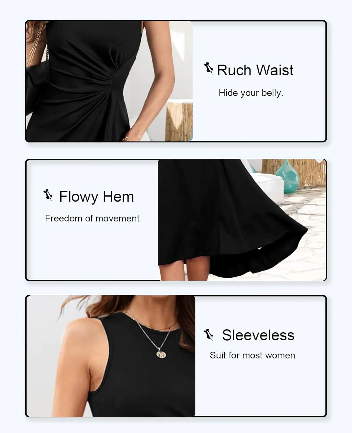UONBOX Women's Sleeveless Dress Ruched Waist Asymmetrical High-Low A Line Flowy Bodycon Midi Party Cocktail Dress