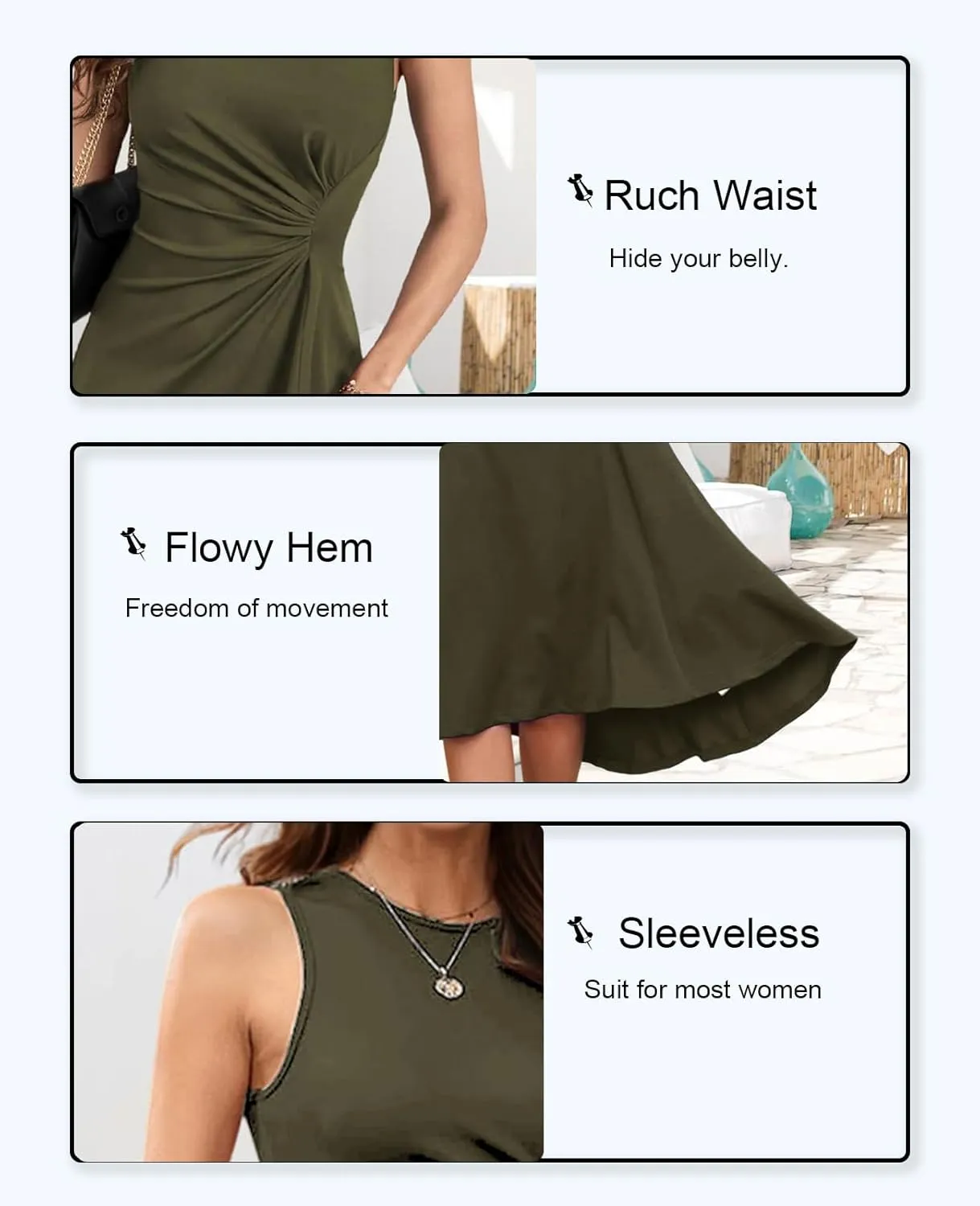 UONBOX Women's Sleeveless Dress Ruched Waist Asymmetrical High-Low A Line Flowy Bodycon Midi Party Cocktail Dress