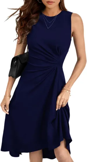 UONBOX Women's Sleeveless Dress Ruched Waist Asymmetrical High-Low A Line Flowy Bodycon Midi Party Cocktail Dress