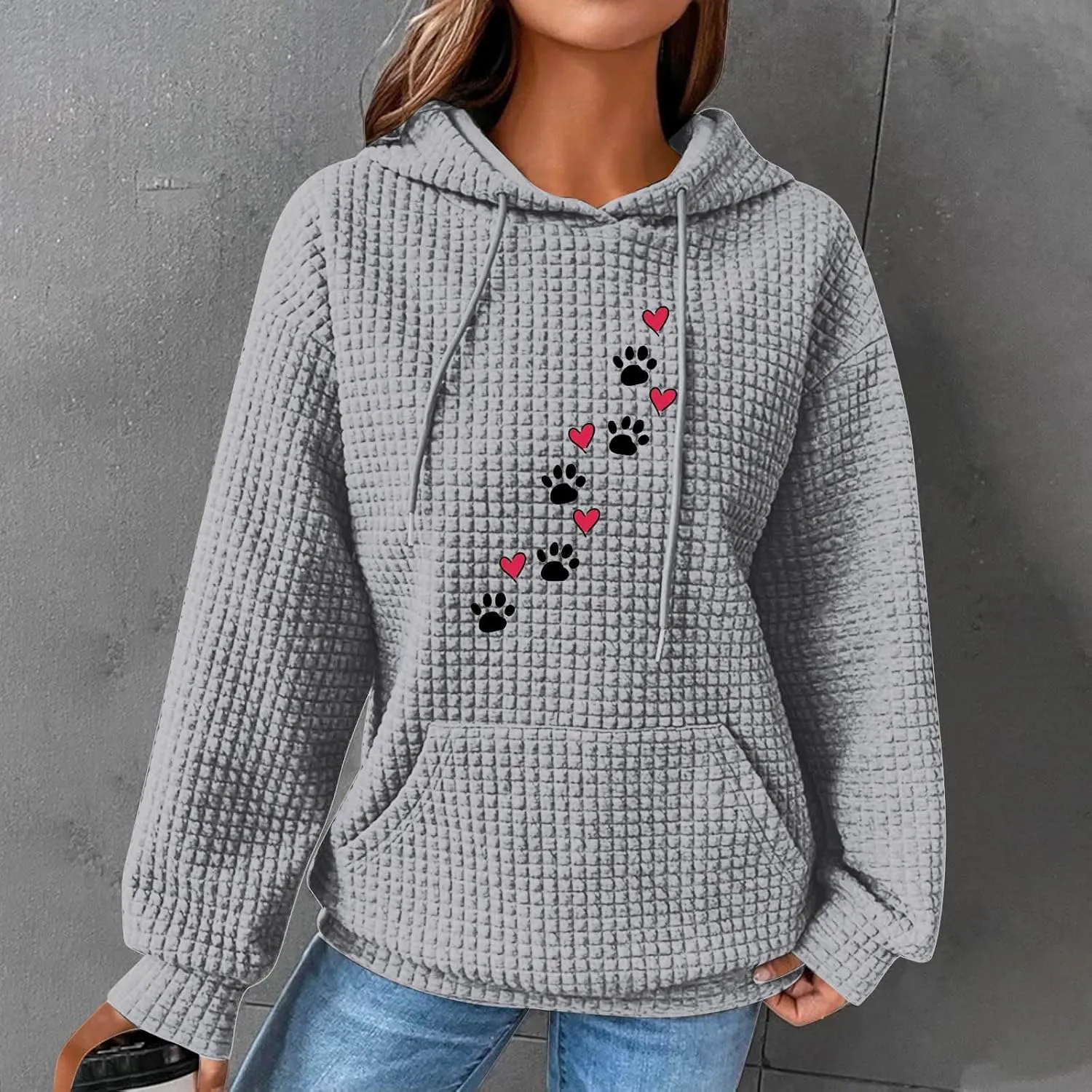 Waffle Hoodies for Women Cute Dog Paw Heart Print Hooded Sweatshirts Dog Lover Winter Casual Pocket Drawstring Pullover Tops