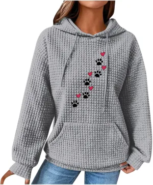 Waffle Hoodies for Women Cute Dog Paw Heart Print Hooded Sweatshirts Dog Lover Winter Casual Pocket Drawstring Pullover Tops