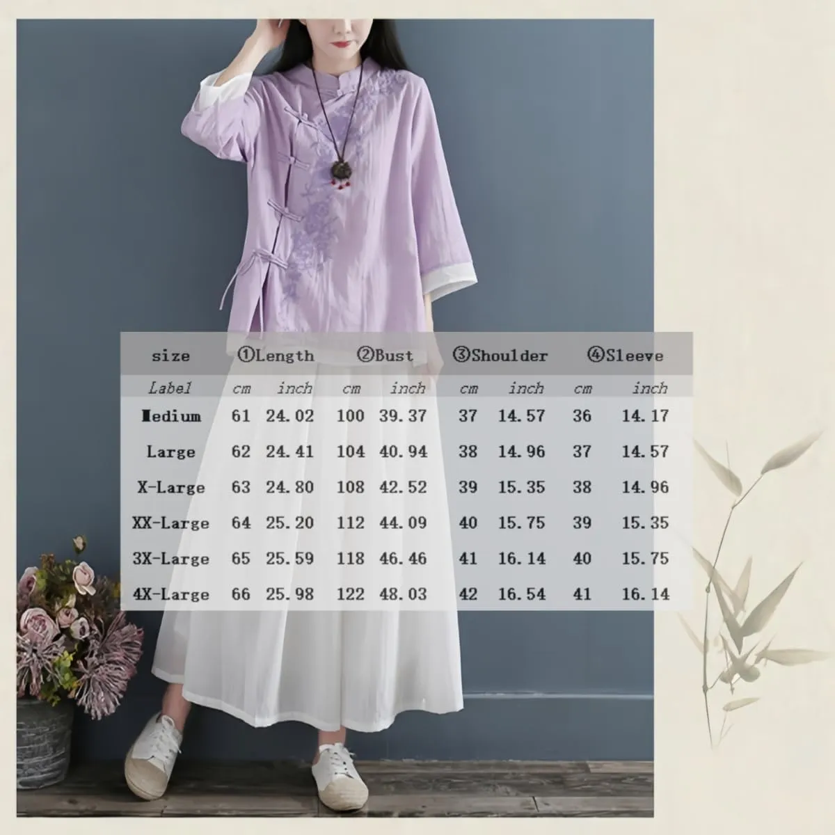 Women's Linen Traditional Retro Chinese Embroidered Frog Button Tops Mandarin Collar Blouse Long Sleeve Shirts Casual