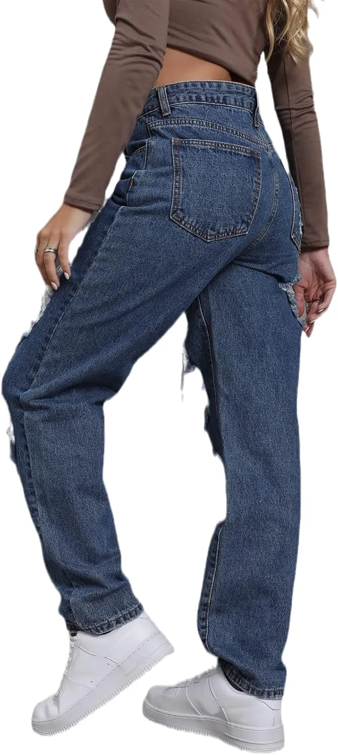 Women's Pink Ripped High Waisted Jeans - Distressed Straight Leg Y2K Pants - Size M (Long Inseam)