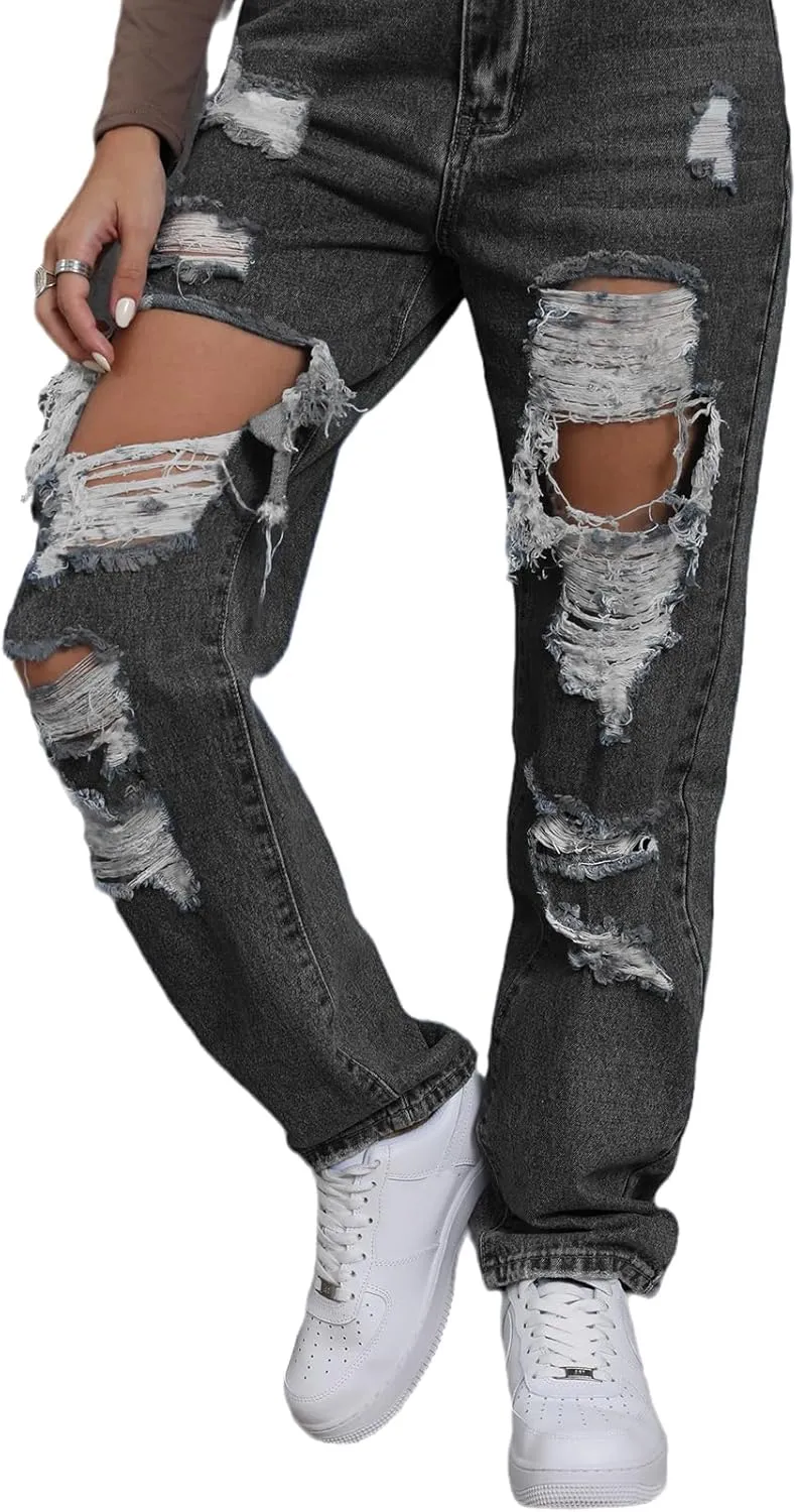 Women's Pink Ripped High Waisted Jeans - Distressed Straight Leg Y2K Pants - Size M (Long Inseam)