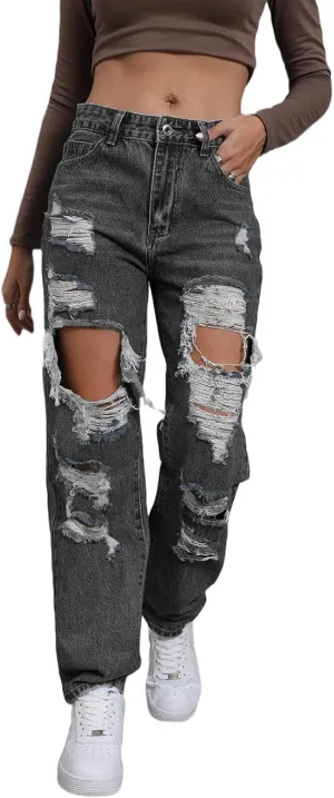 Women's Pink Ripped High Waisted Jeans - Distressed Straight Leg Y2K Pants - Size M (Long Inseam)