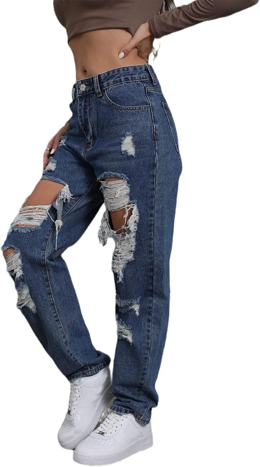 Women's Pink Ripped High Waisted Jeans - Distressed Straight Leg Y2K Pants - Size M (Long Inseam)