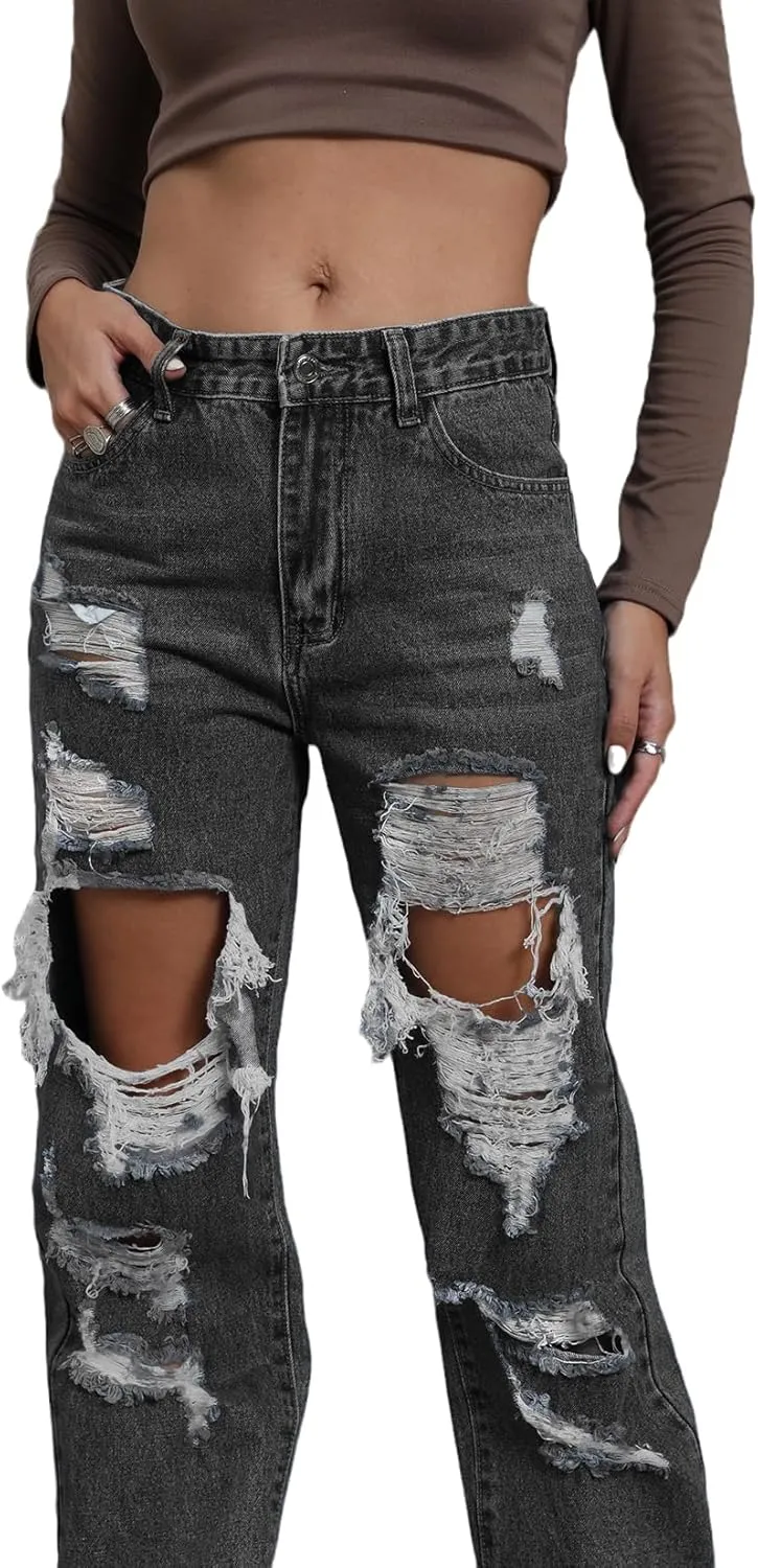 Women's Pink Ripped High Waisted Jeans - Distressed Straight Leg Y2K Pants - Size M (Long Inseam)
