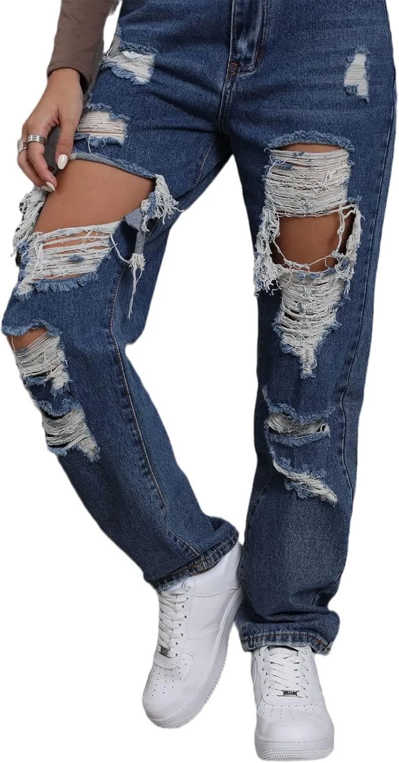 Women's Pink Ripped High Waisted Jeans - Distressed Straight Leg Y2K Pants - Size M (Long Inseam)
