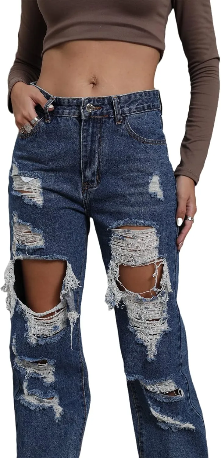 Women's Pink Ripped High Waisted Jeans - Distressed Straight Leg Y2K Pants - Size M (Long Inseam)