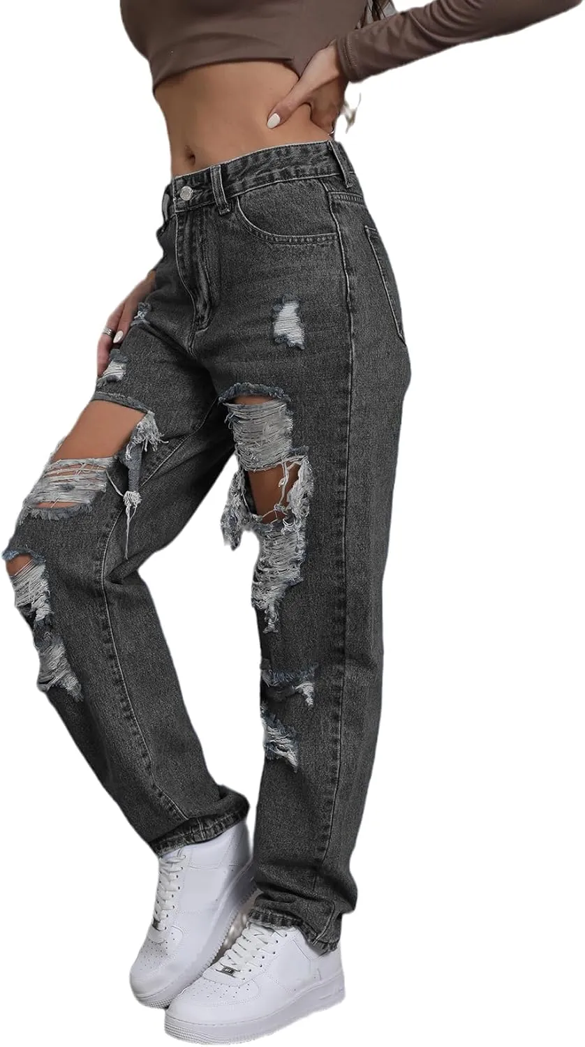 Women's Pink Ripped High Waisted Jeans - Distressed Straight Leg Y2K Pants - Size M (Long Inseam)