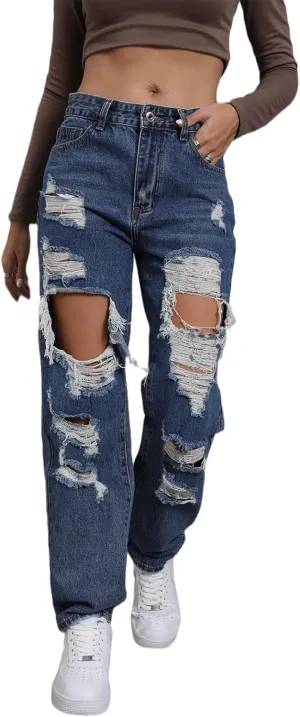 Women's Pink Ripped High Waisted Jeans - Distressed Straight Leg Y2K Pants - Size M (Long Inseam)