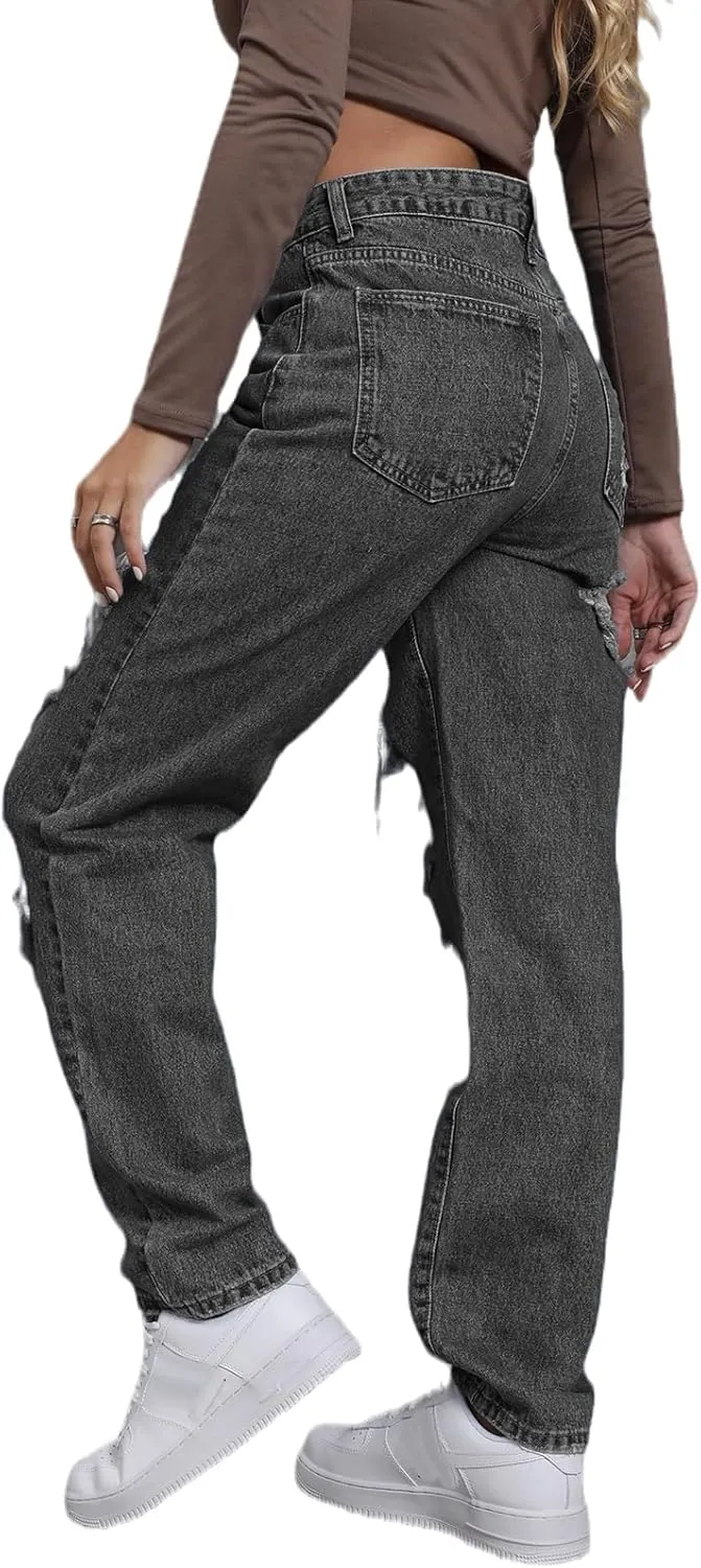 Women's Pink Ripped High Waisted Jeans - Distressed Straight Leg Y2K Pants - Size M (Long Inseam)