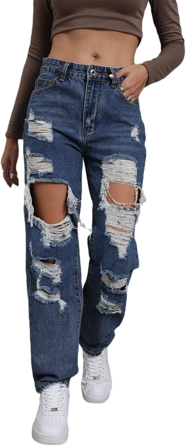 Women's Pink Ripped High Waisted Jeans - Distressed Straight Leg Y2K Pants - Size M (Long Inseam)
