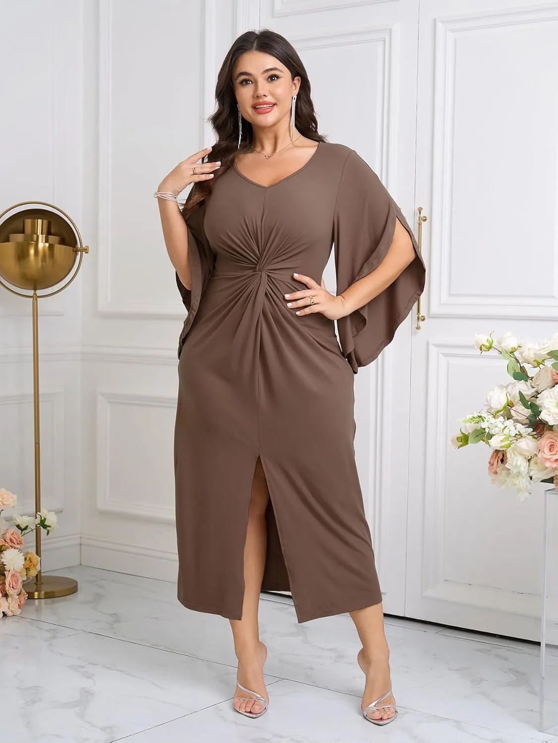 Women's Plus Size Formal Dresses Flowy Flutter Sleeve Bodycon Dress Twist Elegant Cocktail Evening Party Dresses