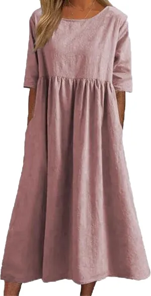 Womens Summer Midi Cotton Linen Ruched Dress, Casual A-line Empire Waist Elegant Modest Half Sleeve Long Dresses with Pockets